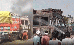 Jalgaon news : जळगावमध्ये तीव्र उष्णतेमुळे गव्हाच्या पोत्याने भरलेला ट्रक पेटला!