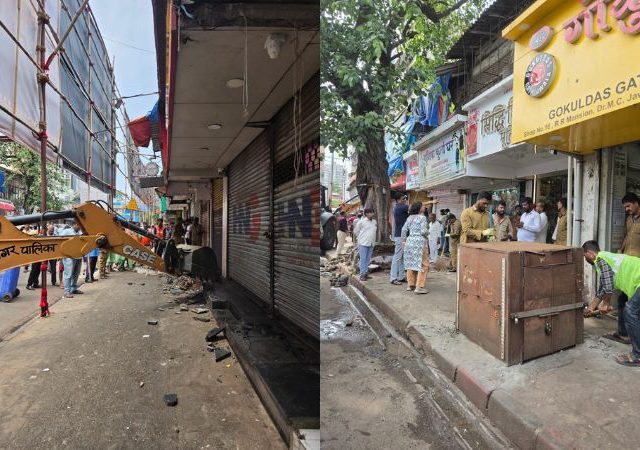 BMC Encroachment Drive : ‘पेडेस्ट्रियन फर्स्ट’ : दादरच्या एम. सी. जावळे मार्गावरील दुकानाच्या वाढीव बांधकामांवर हातोडा