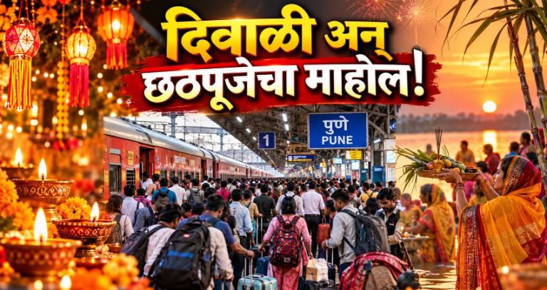 Chhath Puja Train Rush : दिवाळी अन् छठपूजेचा माहोल! पुणे रेल्वे स्थानकावर प्रवाशांची तुफान गर्दी; प्रशासनाकडून विशेष सुरक्षा उपाय लागू