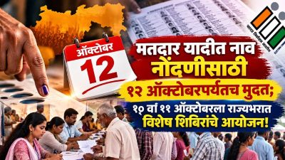 Voter registration Maharashtra : मतदार यादीत नाव नोंदणीसाठी १२ ऑक्टोबरपर्यंतच मुदत; १० व ११ ऑक्टोबरला राज्यभरात विशेष शिबिरांचे आयोजन!